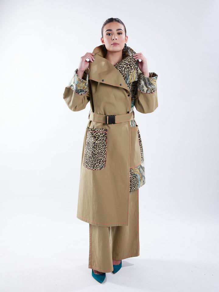 Amy Page DeBlasio Coats & Jackets Asymmetric Trench Coat in Tan Duck and Leopard Paisley Print