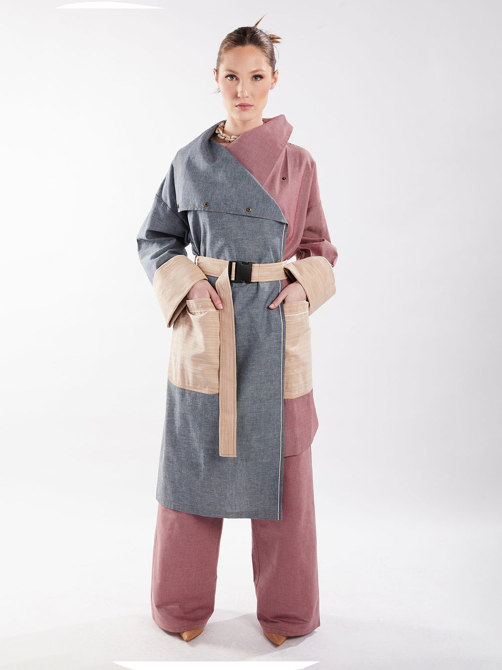 Amy Page DeBlasio Coats & Jackets Asymmetric Trench Coat in Blue, Red and Tan Chambray