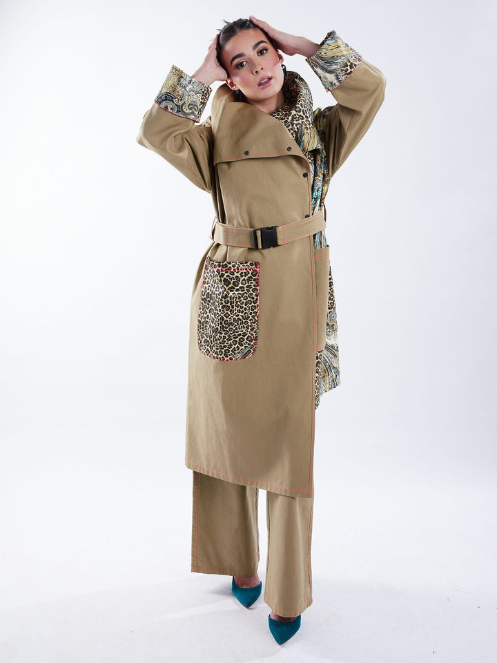 Amy Page DeBlasio Coats & Jackets Asymmetric Trench Coat in Tan Duck and Leopard Paisley Print