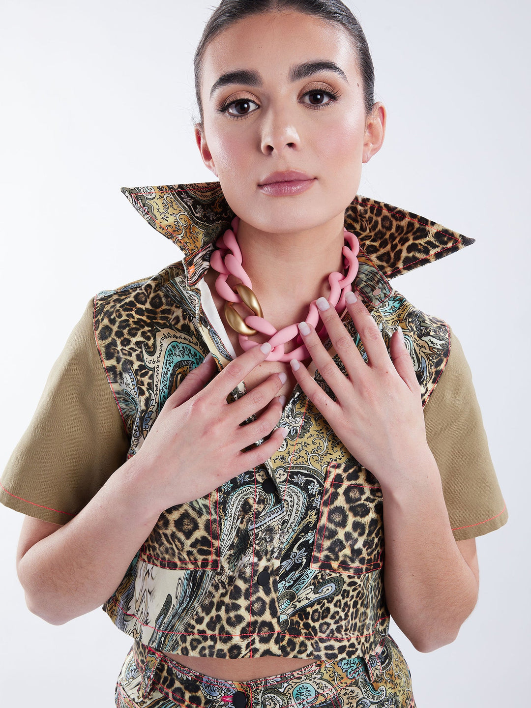 Amy Page DeBlasio Shirts & Tops Cropped Button-Down Shirt in Tan and Leopard Paisley
