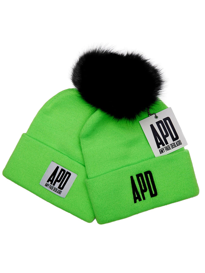 Amy Page DeBlasio Hats Green with black pom pom and logo embroidery Beanie with Fur Pom Pom