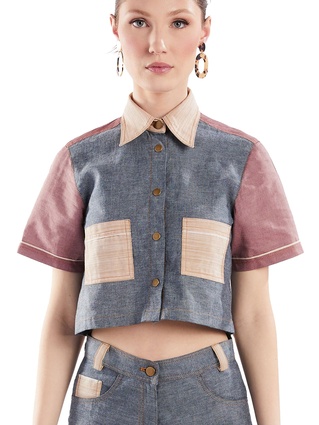 Amy Page DeBlasio Shirts & Tops Cropped Button-Down Shirt in Blue and Red Chambray