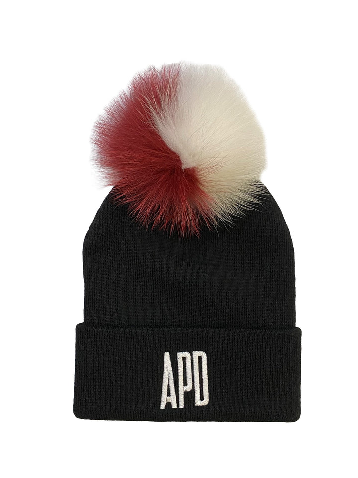 Amy Page DeBlasio Hats Black with white and maroon pom pom and logo embroidery Beanie with Fur Pom Pom
