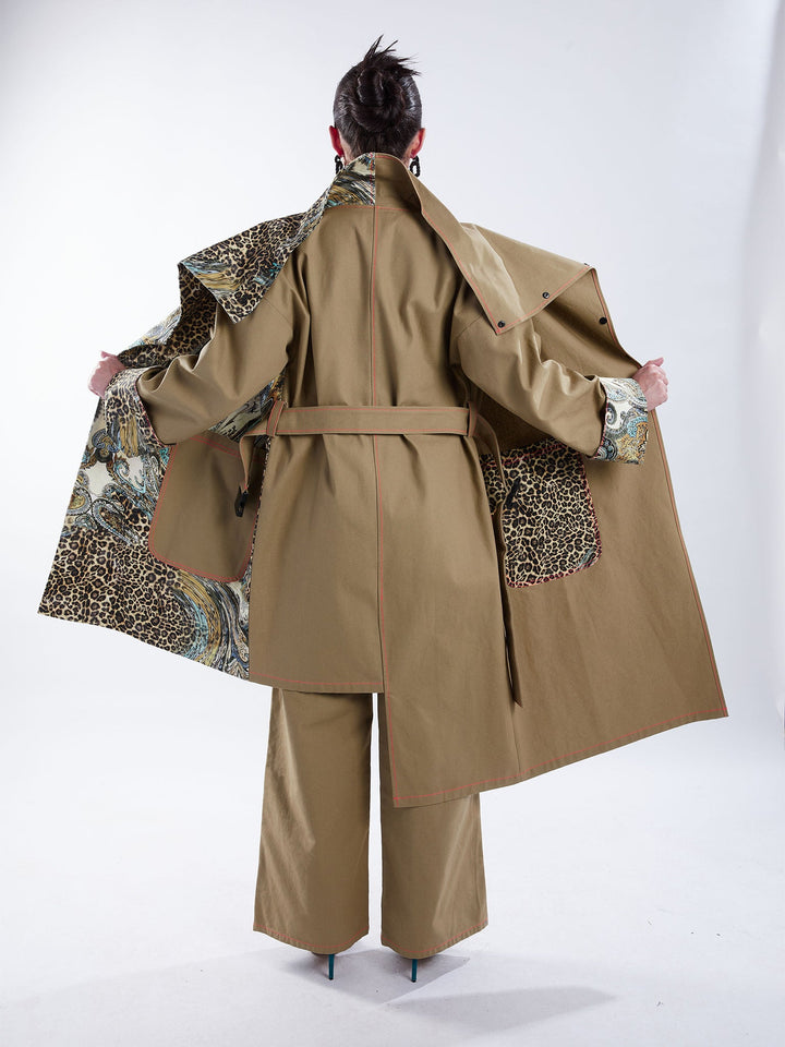 Amy Page DeBlasio Coats & Jackets Asymmetric Trench Coat in Tan Duck and Leopard Paisley Print
