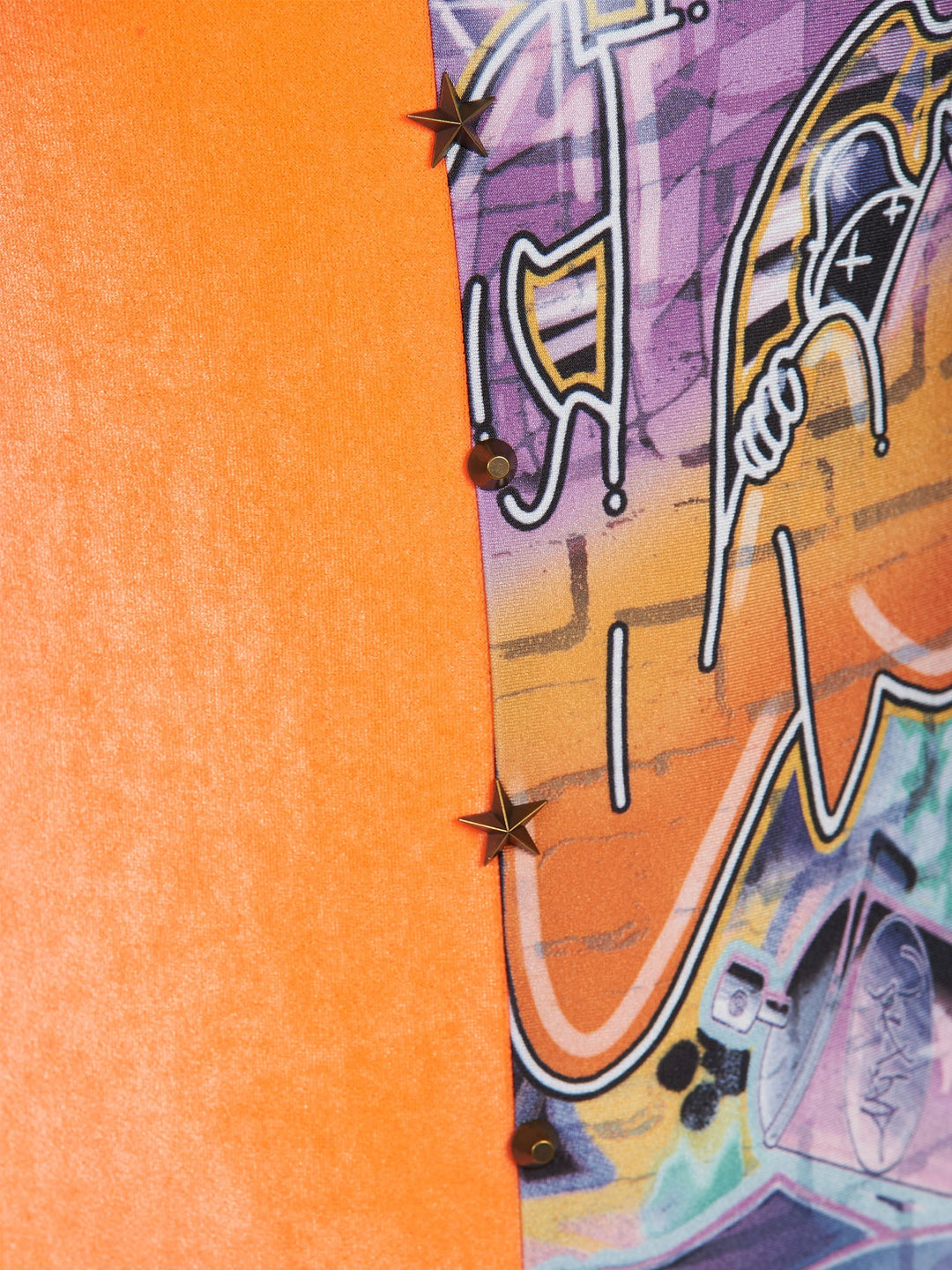 Amy Page DeBlasio Swimwear Studded Swimsuit|Bodysuit in Neon Peach Velvet and Graffiti Print