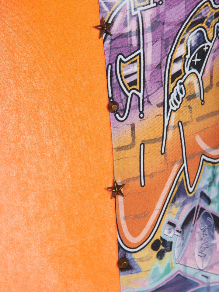 Amy Page DeBlasio Swimwear Studded Swimsuit|Bodysuit in Neon Peach Velvet and Graffiti Print