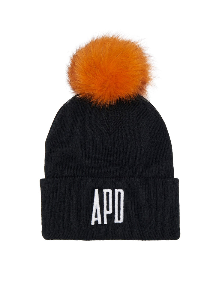 Amy Page DeBlasio Hats Black with orange pom pom and logo tag Beanie with Fur Pom Pom
