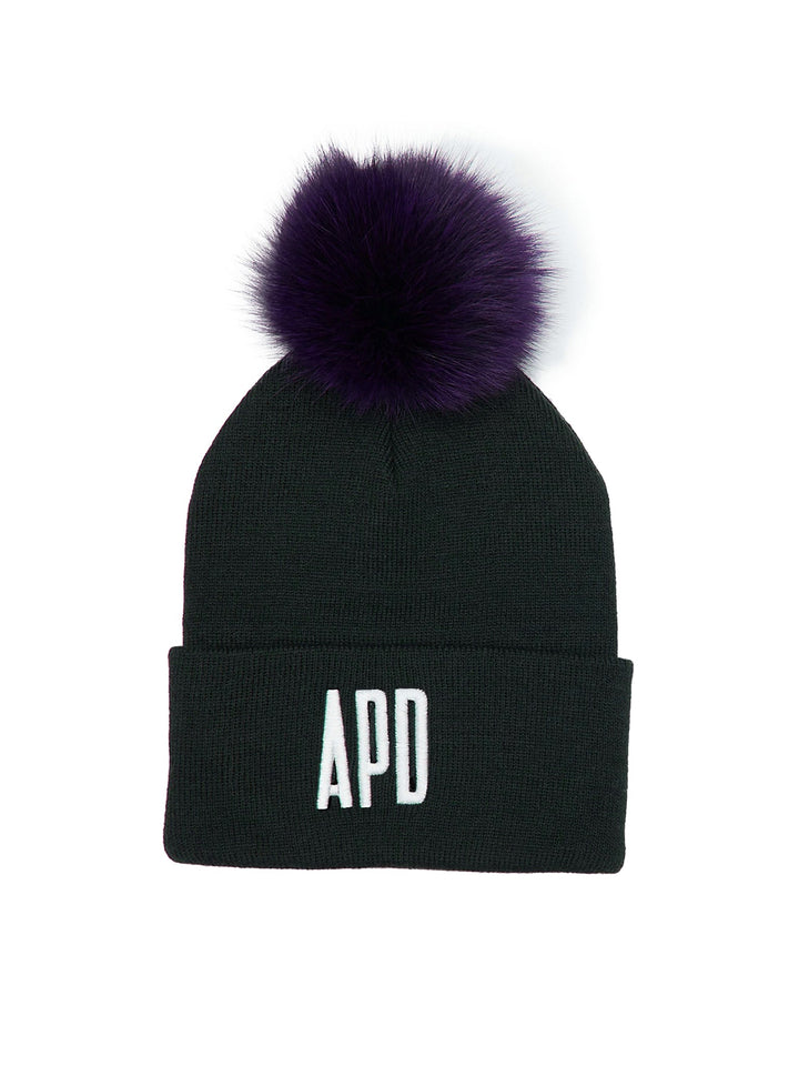 Amy Page DeBlasio Hats Black with purple pom pom and logo embroidery Beanie with Fur Pom Pom