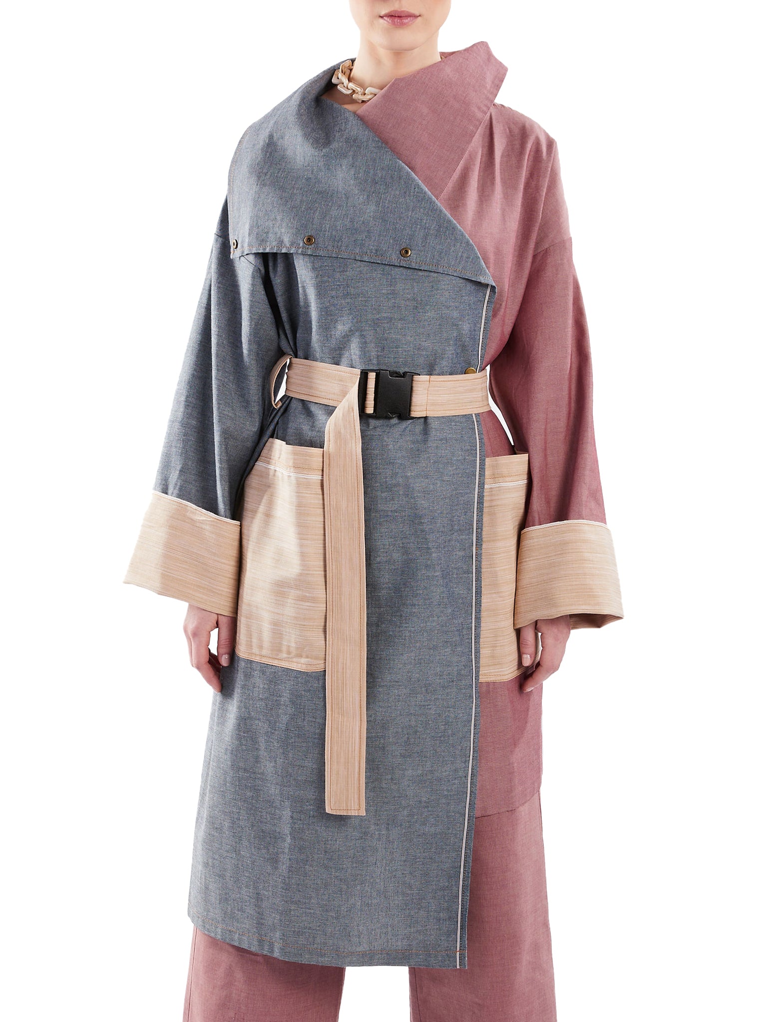 Asymmetric Trench Coat in Blue, Red and Tan Chambray Color