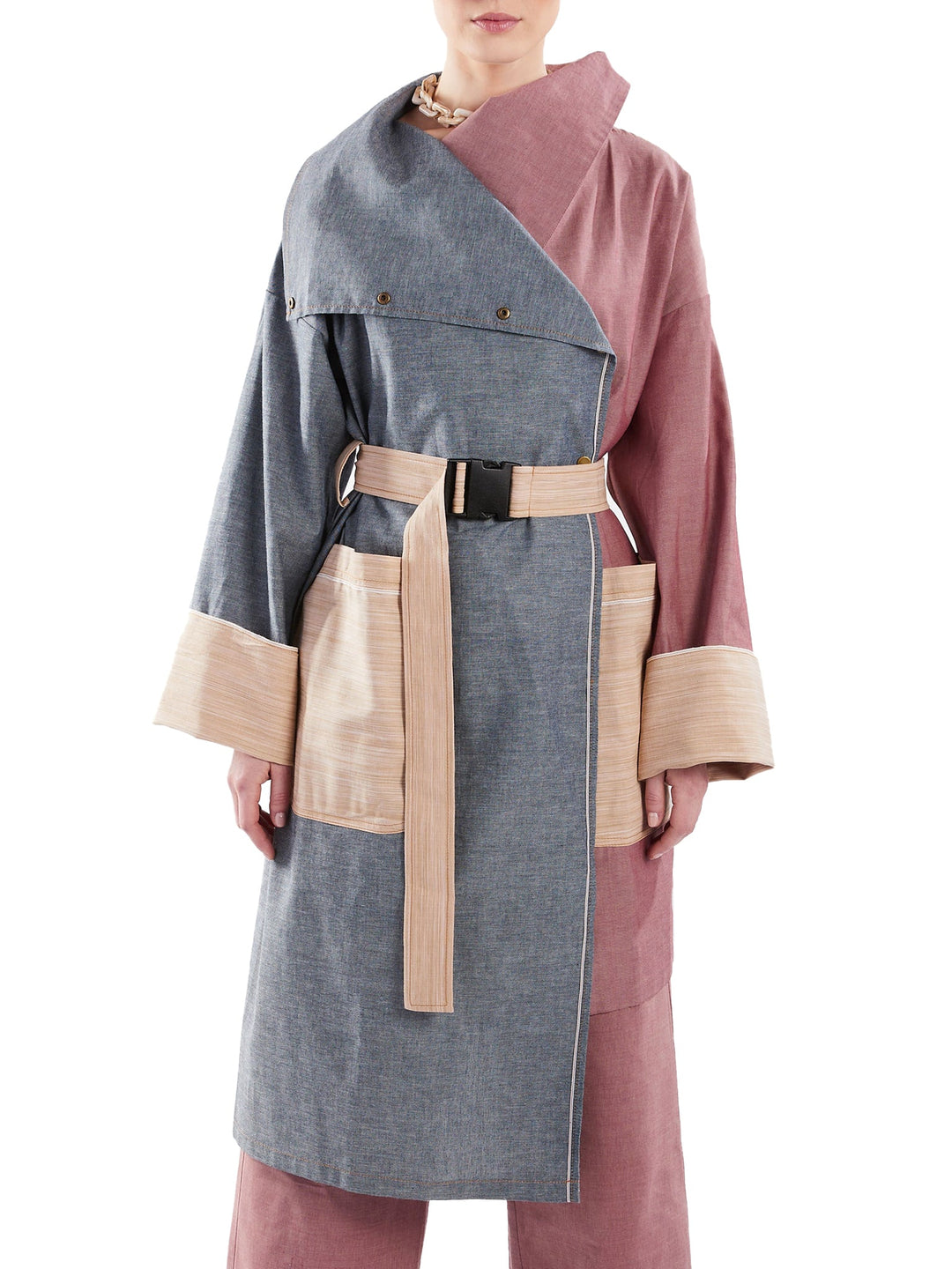 Amy Page DeBlasio Coats & Jackets Asymmetric Trench Coat in Blue, Red and Tan Chambray