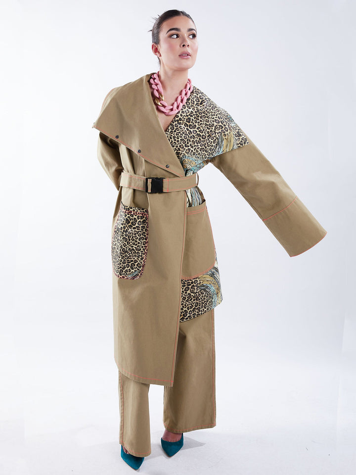 Amy Page DeBlasio Coats & Jackets Asymmetric Trench Coat in Tan Duck and Leopard Paisley Print