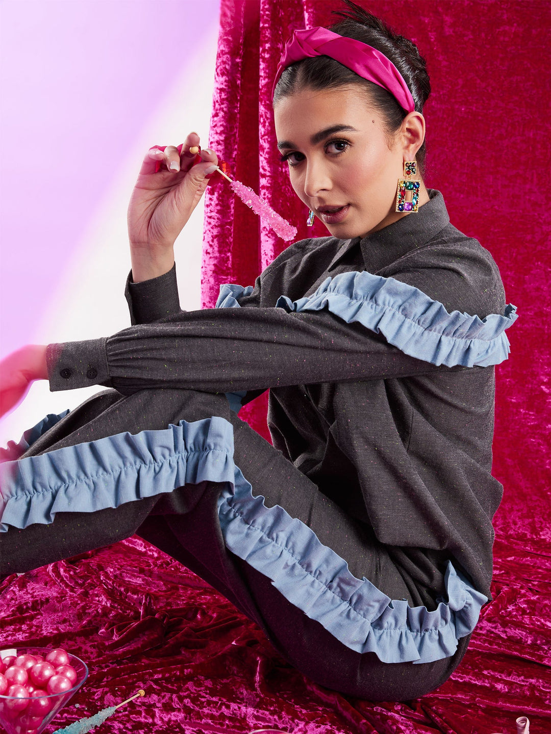 Amy Page DeBlasio Tops Small Asymmetric Ruffle Blouse in Charcoal Chambray