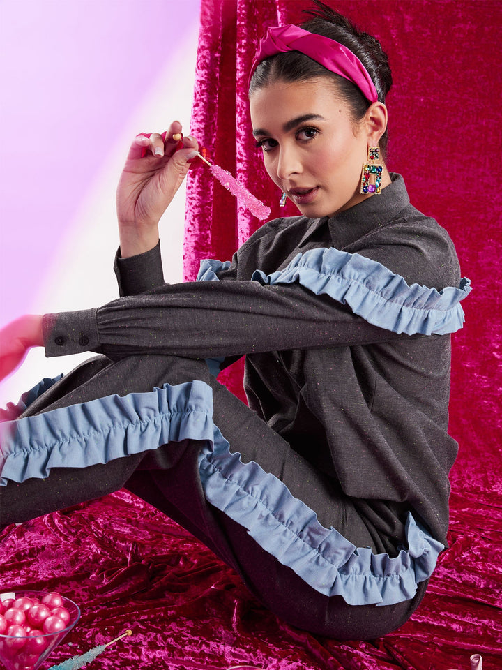 Amy Page DeBlasio Tops Small Asymmetric Ruffle Blouse in Charcoal Chambray