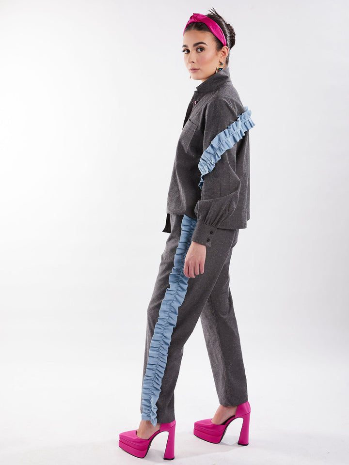 Amy Page DeBlasio Tops Small Asymmetric Ruffle Blouse in Charcoal Chambray