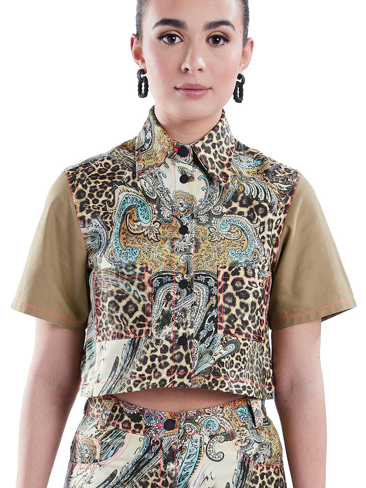 Amy Page DeBlasio Shirts & Tops Cropped Button-Down Shirt in Tan and Leopard Paisley
