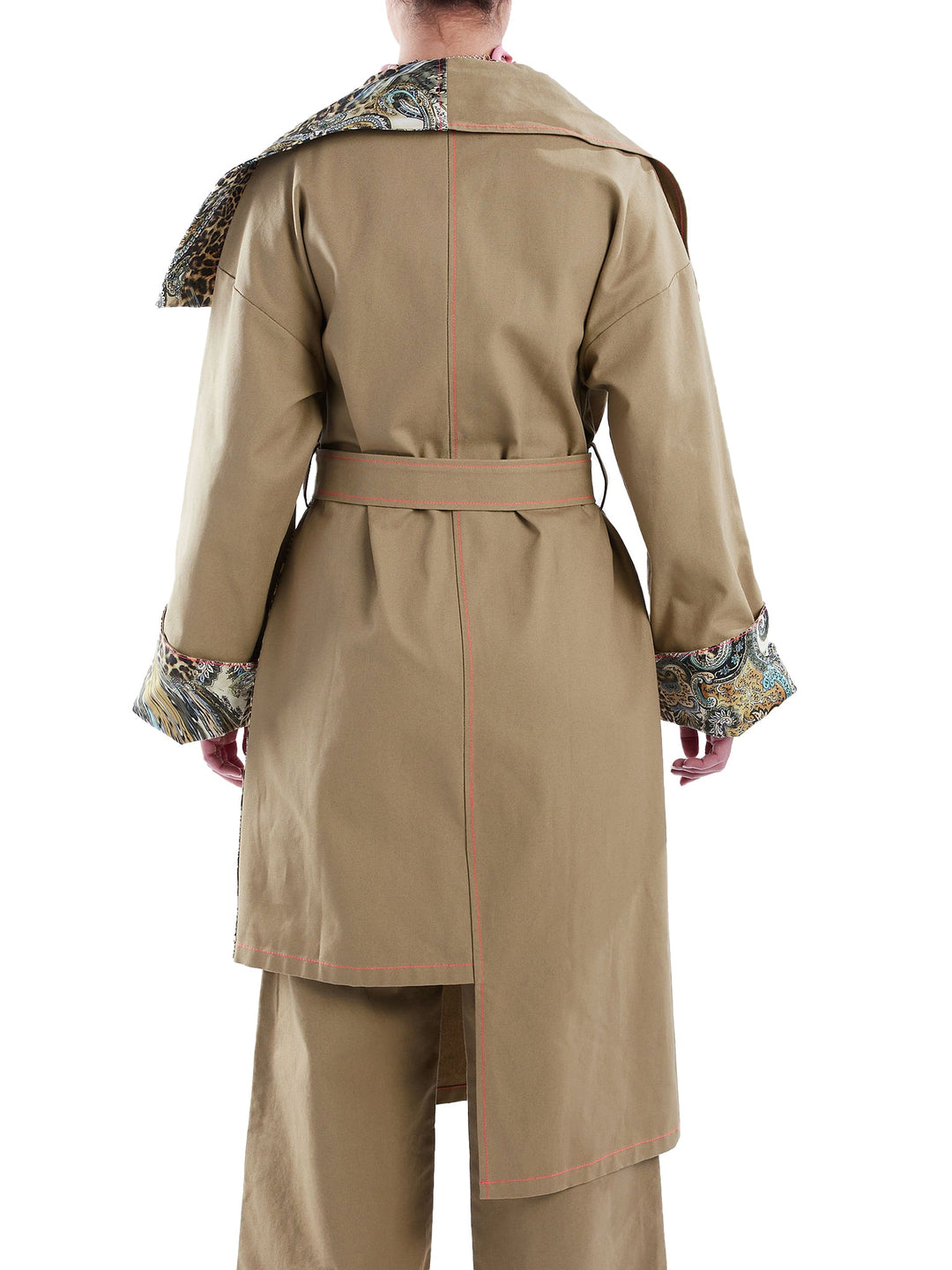 Amy Page DeBlasio Coats & Jackets Asymmetric Trench Coat in Tan Duck and Leopard Paisley Print