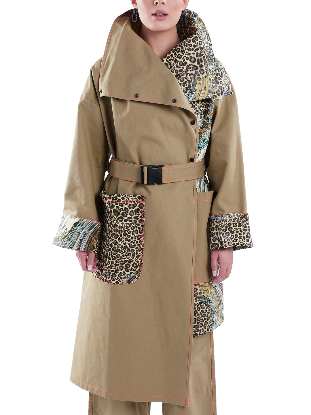 Amy Page DeBlasio Coats & Jackets Asymmetric Trench Coat in Tan Duck and Leopard Paisley Print