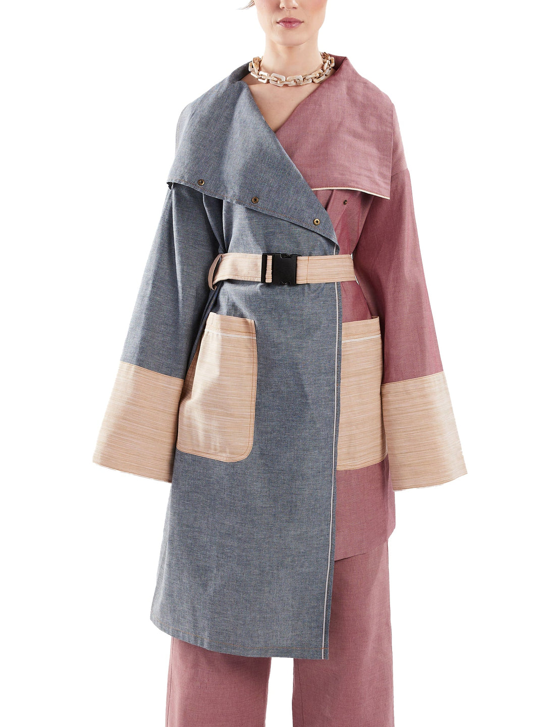 Amy Page DeBlasio Coats & Jackets Asymmetric Trench Coat in Blue, Red and Tan Chambray