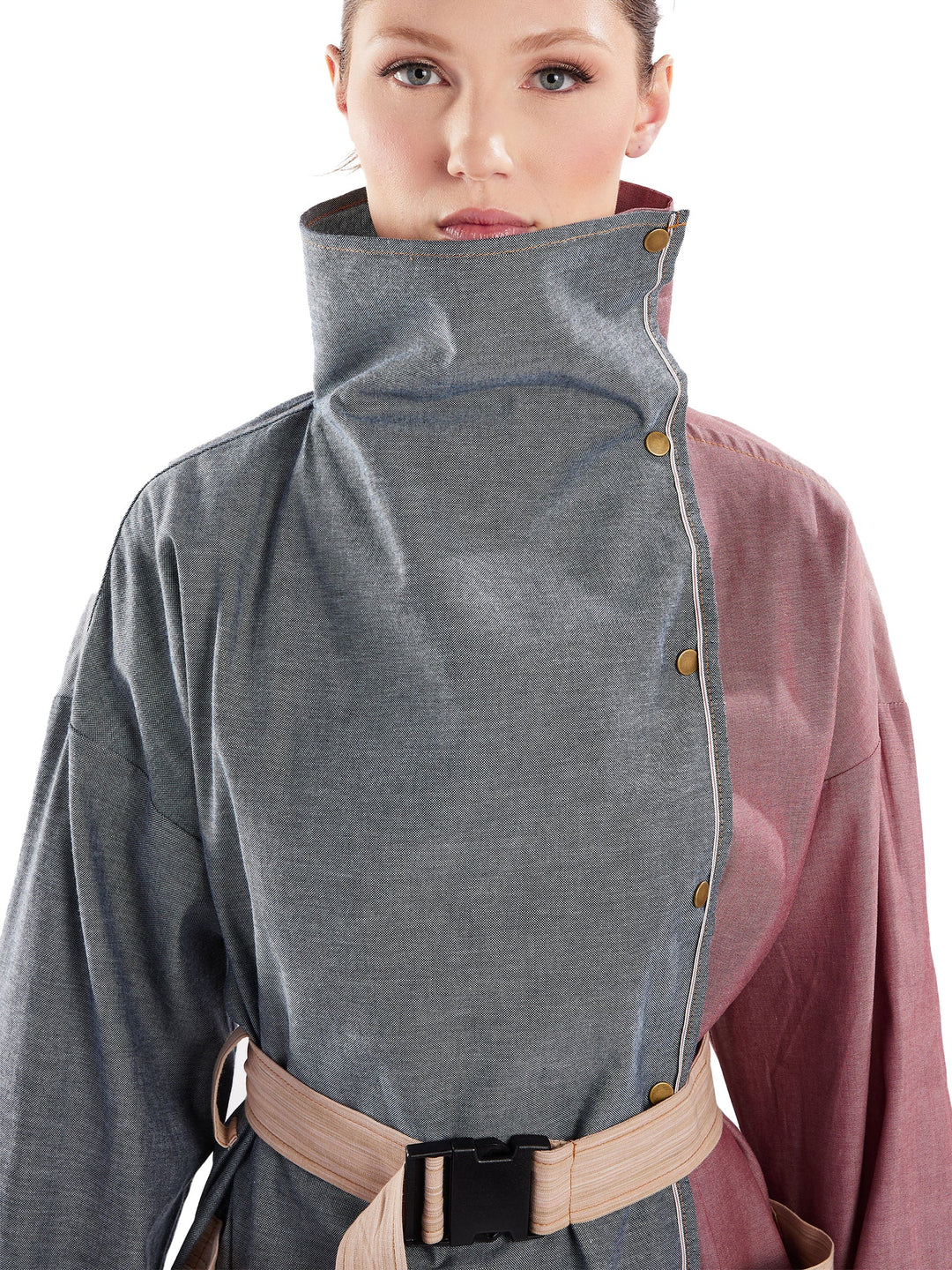Amy Page DeBlasio Coats & Jackets Asymmetric Trench Coat in Blue, Red and Tan Chambray