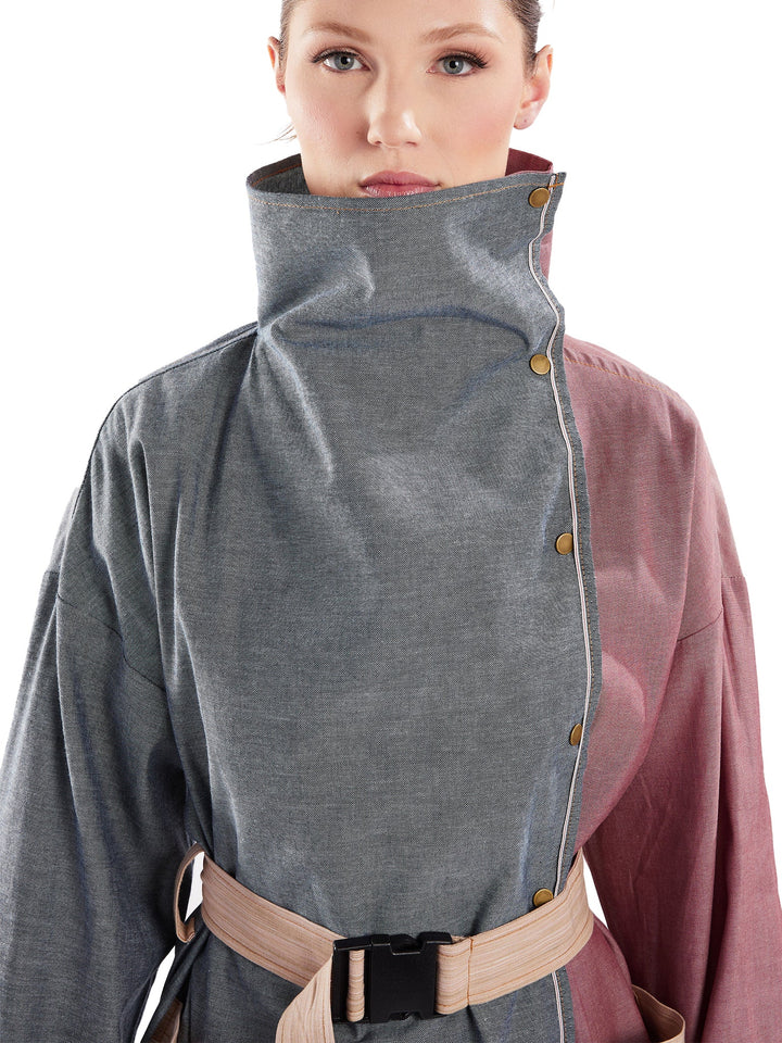 Amy Page DeBlasio Coats & Jackets Asymmetric Trench Coat in Blue, Red and Tan Chambray