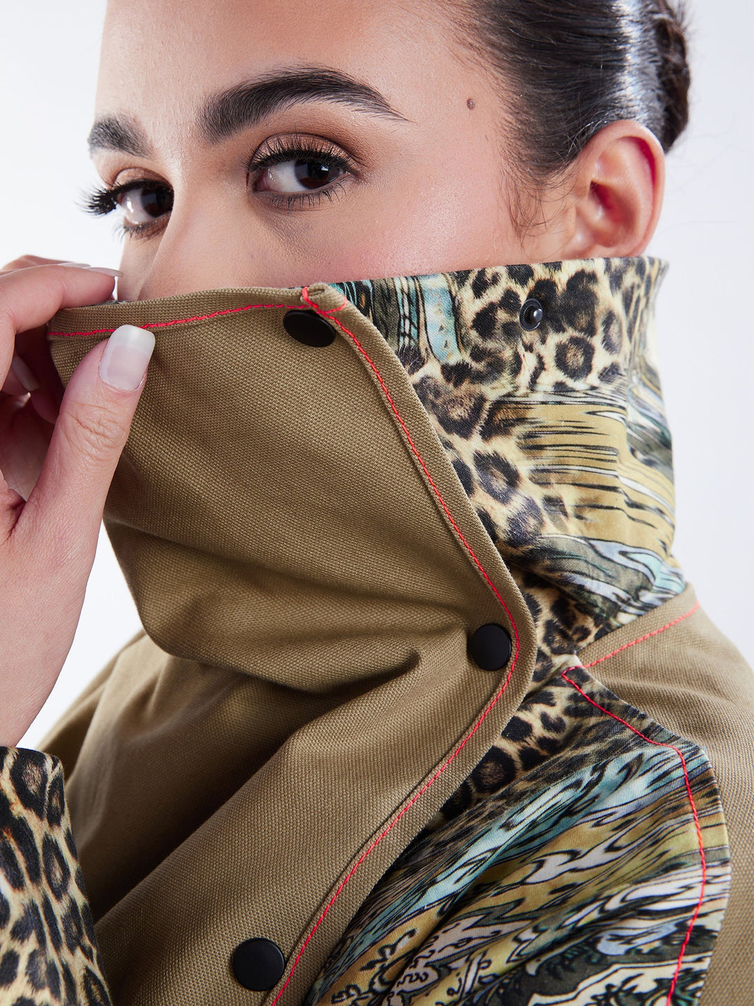 Amy Page DeBlasio Coats & Jackets Asymmetric Trench Coat in Tan Duck and Leopard Paisley Print