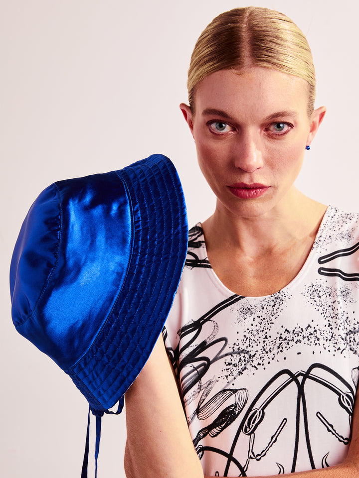 Reversible Bucket Hat in Custom Print and Cobalt Blue Satin