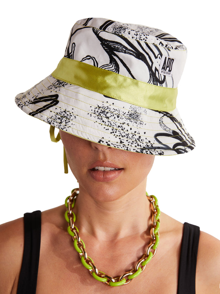 Reversible Bucket Hat in Custom Print and Cyber Lime Satin