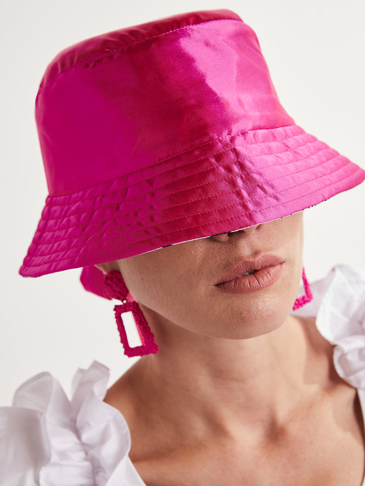Reversible Bucket Hat in Custom Print and Hot Pink Satin