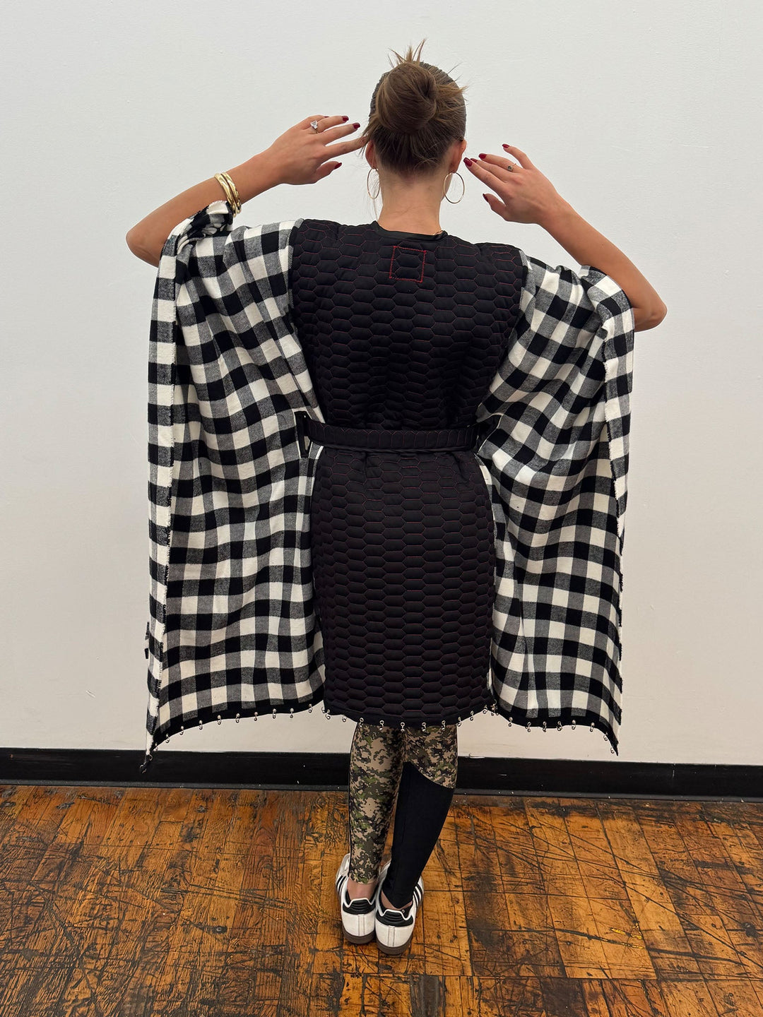 Amy Page DeBlasio Shawls and Kimonos Reversible Belted Kimono Wrap in Honeycomb Quilt and Check Flannel