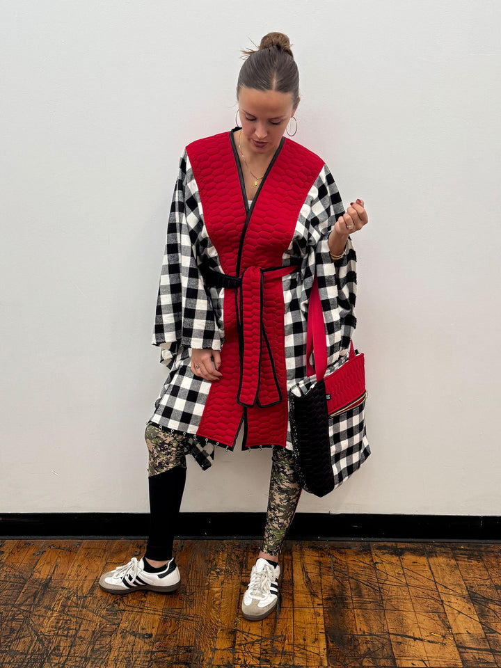 Amy Page DeBlasio Shawls and Kimonos Reversible Belted Kimono Wrap in Honeycomb Quilt and Check Flannel
