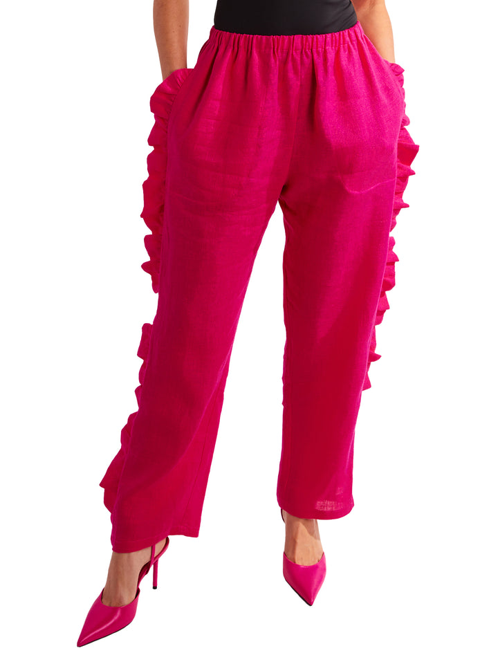 Ruffle Pants in Hot Pink Linen
