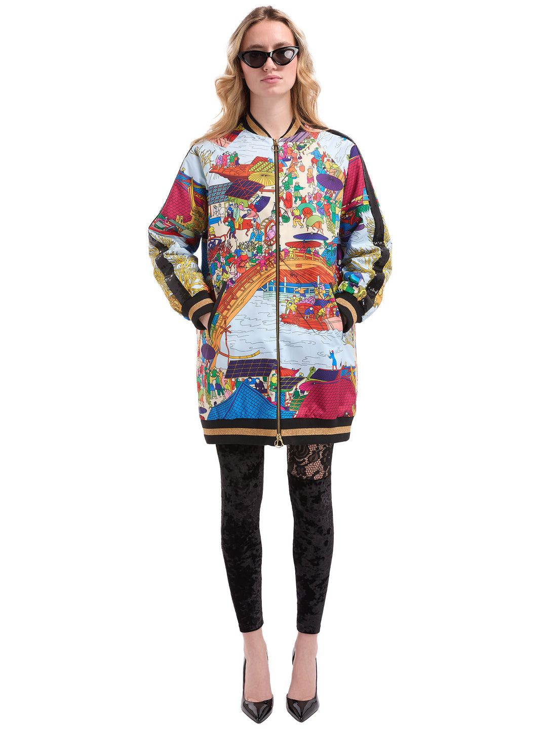 Long Bomber Jacket in Asian Print