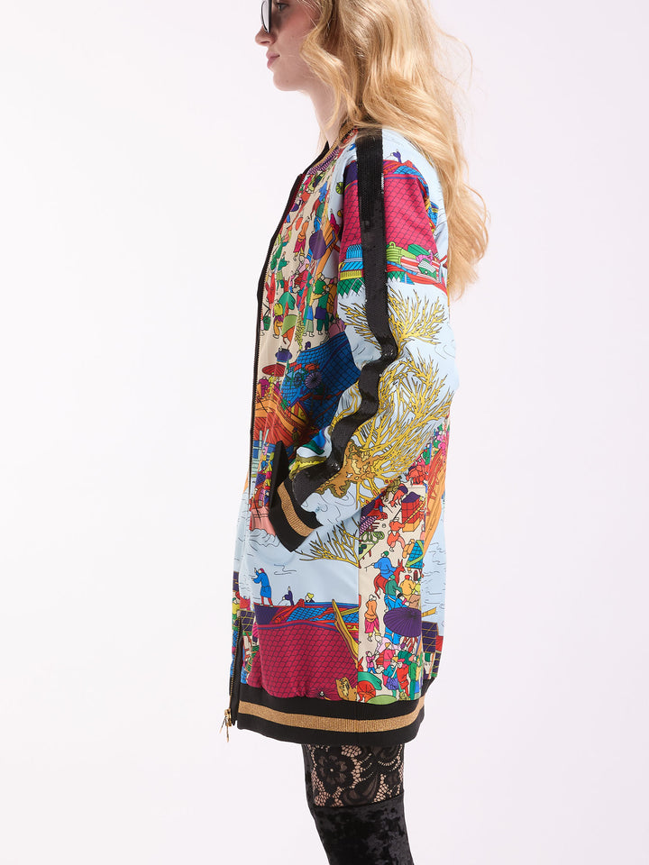 Long Bomber Jacket in Asian Print