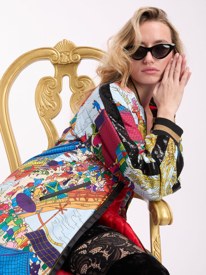 Long Bomber Jacket in Asian Print