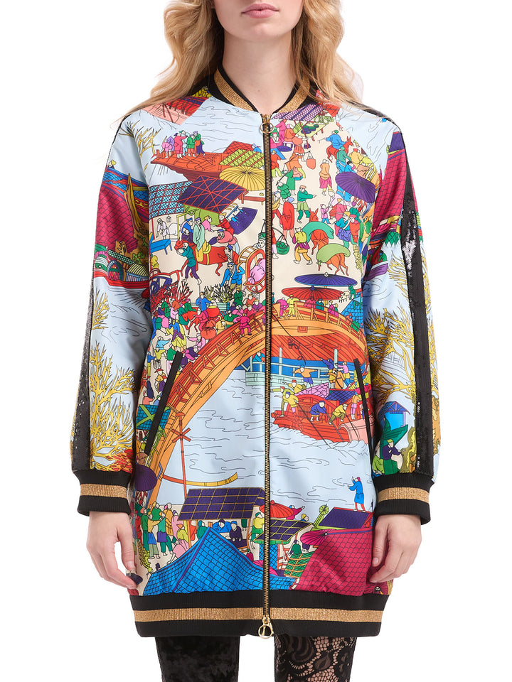 Long Bomber Jacket in Asian Print