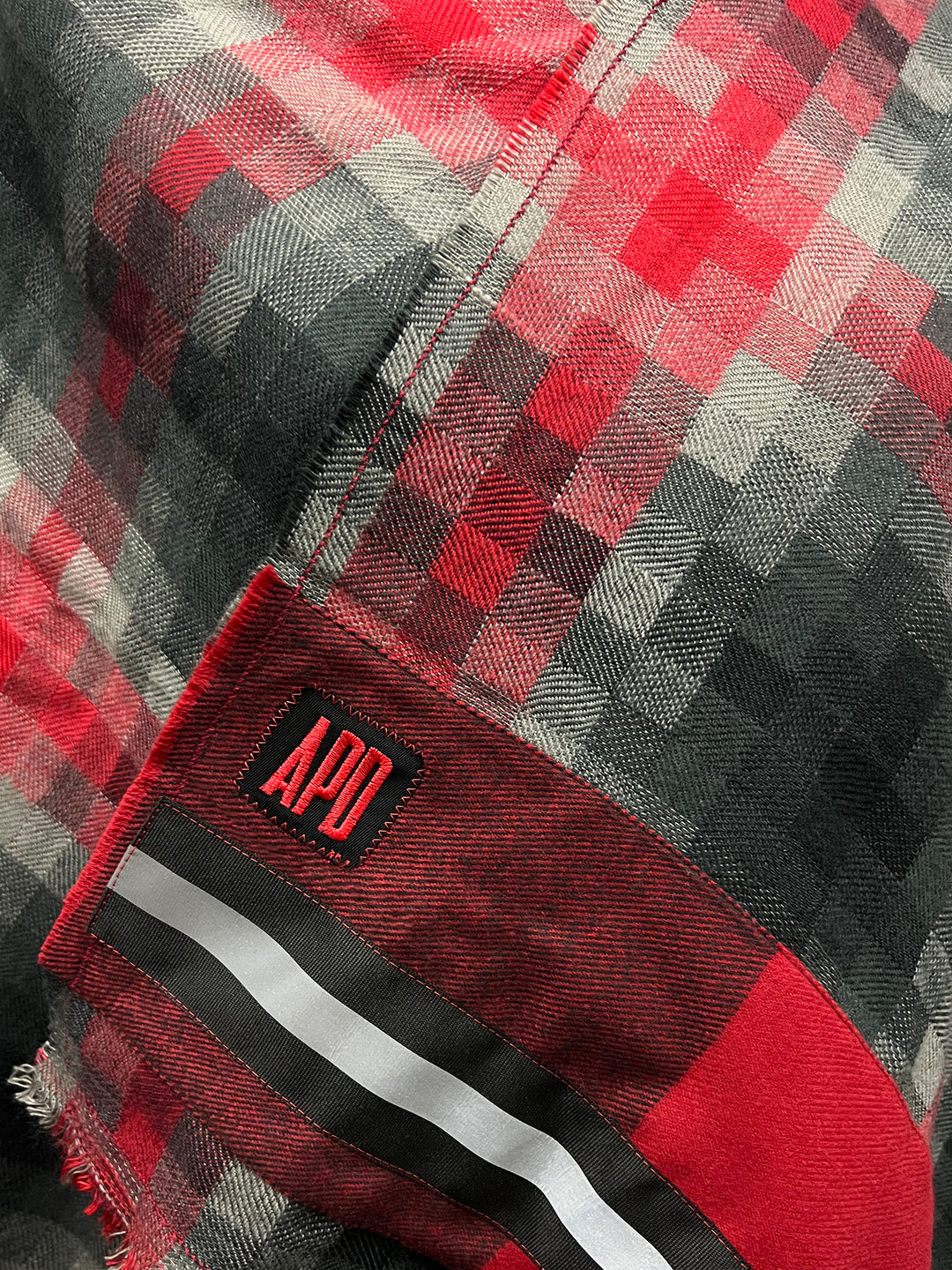 Fringed Scarf in Red, Black, and Grey Pixelated Print