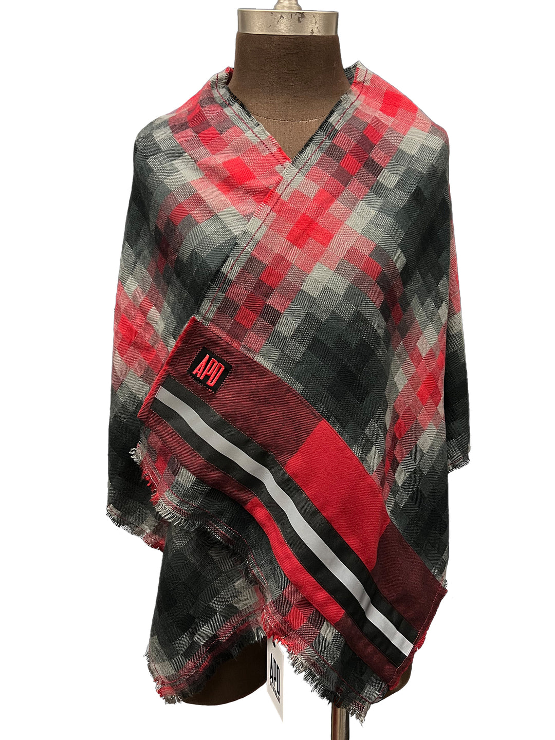 Fringed Scarf in Red, Black, and Grey Pixelated Print