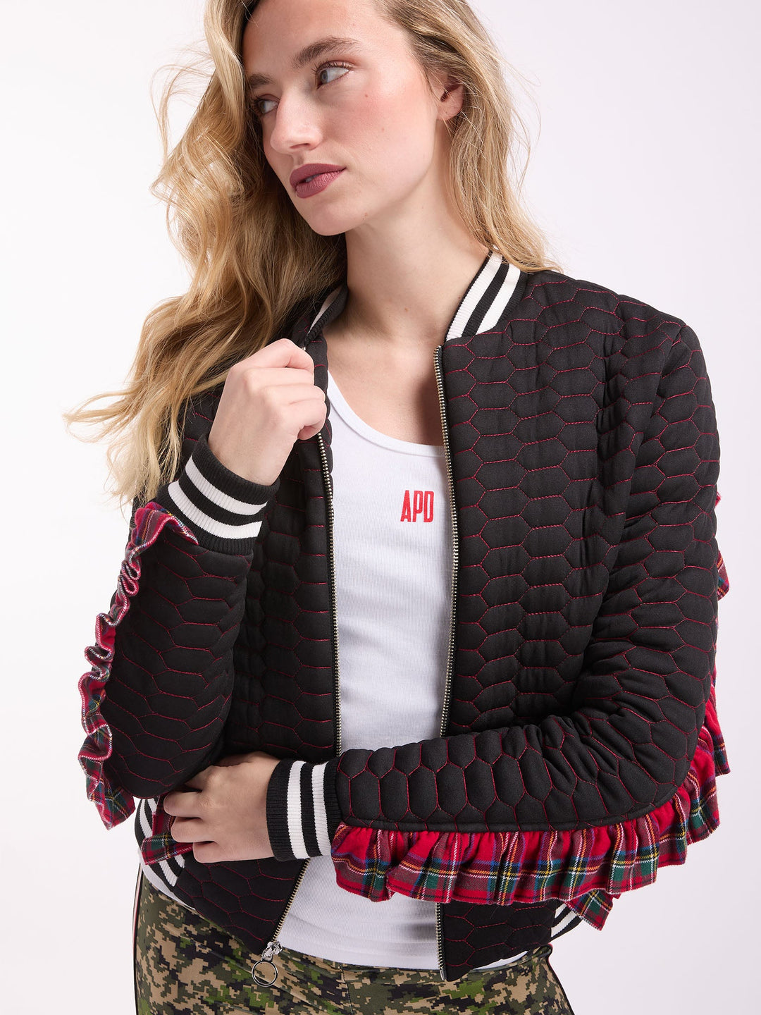 Amy Page DeBlasio Jackets and Coats Quilted Bomber Jacket with Plaid Ruffle