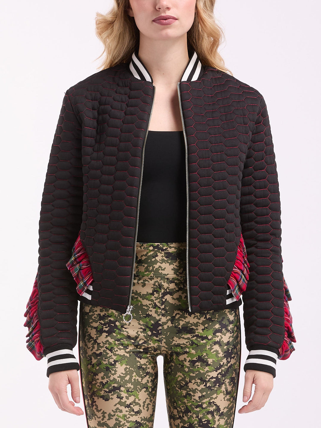 Amy Page DeBlasio Jackets and Coats Quilted Bomber Jacket with Plaid Ruffle