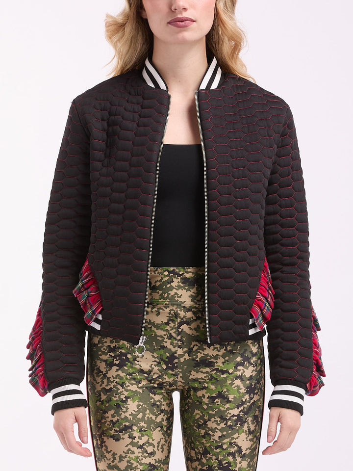 Amy Page DeBlasio Jackets and Coats Quilted Bomber Jacket with Plaid Ruffle