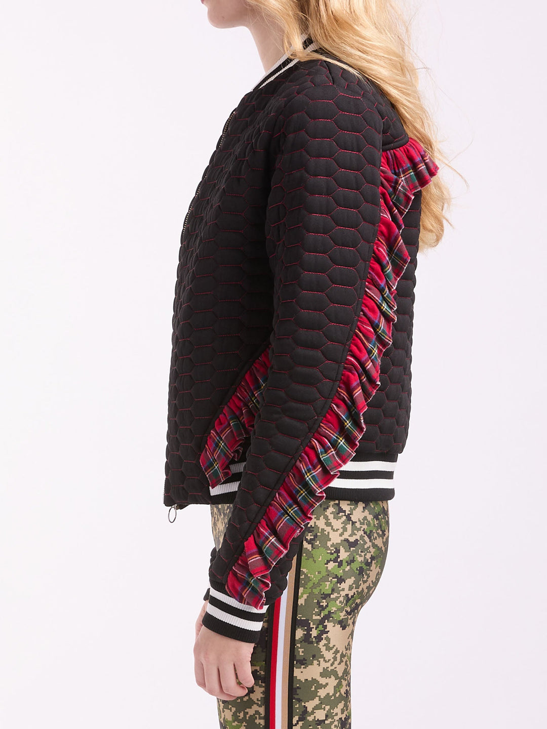 Amy Page DeBlasio Jackets and Coats Quilted Bomber Jacket with Plaid Ruffle