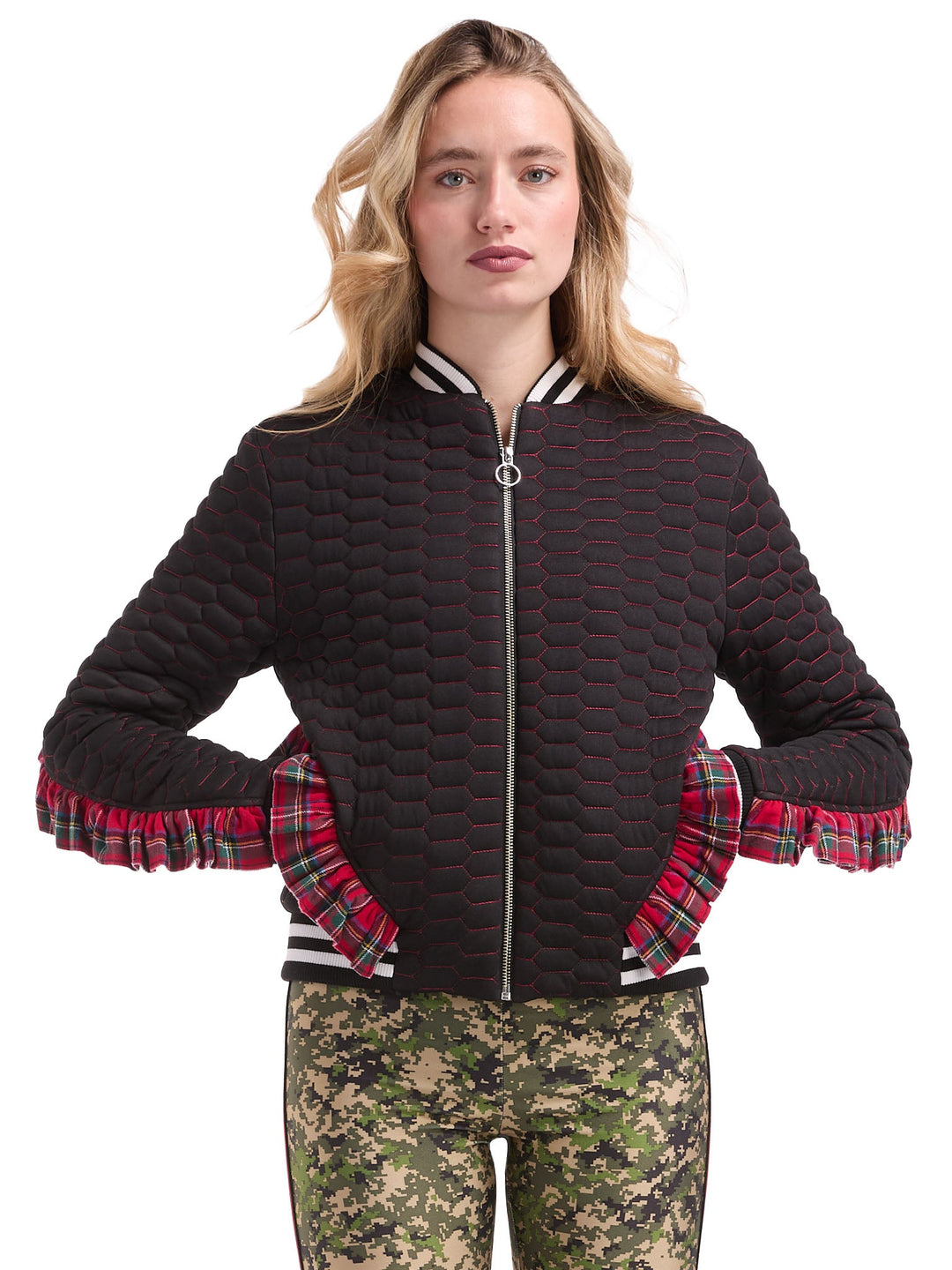 Amy Page DeBlasio Jackets and Coats Quilted Bomber Jacket with Plaid Ruffle