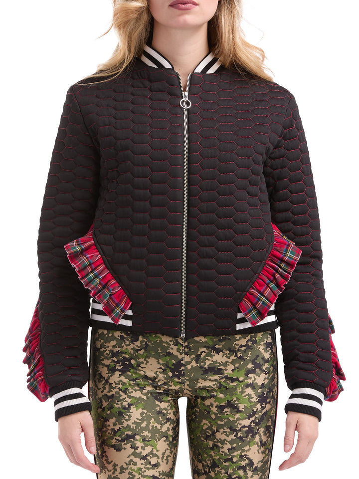 Amy Page DeBlasio Jackets and Coats Quilted Bomber Jacket with Plaid Ruffle