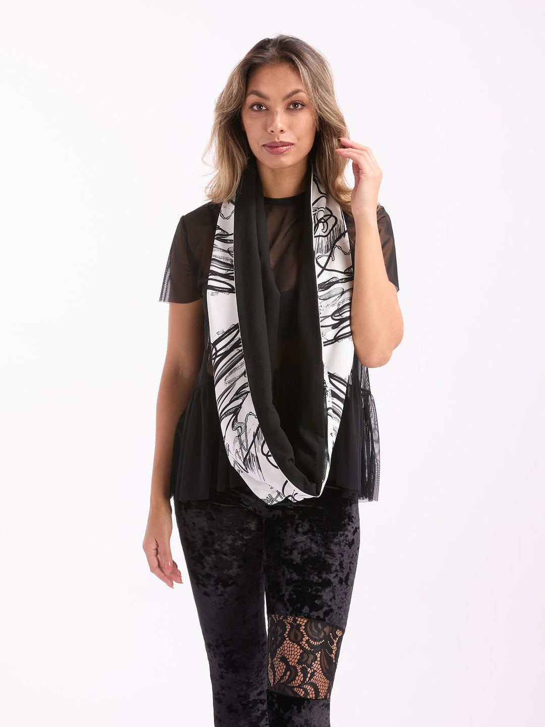 Amy Page DeBlasio Scarves Reversible Pocket Infinity Scarf in White and Black Cotton Terry