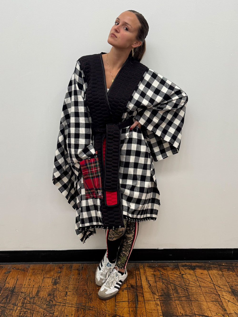 Amy Page DeBlasio Shawls and Kimonos Reversible Belted Kimono Wrap in Honeycomb Quilt and Check Flannel