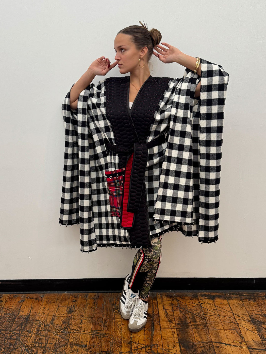 Amy Page DeBlasio Shawls and Kimonos Reversible Belted Kimono Wrap in Honeycomb Quilt and Check Flannel