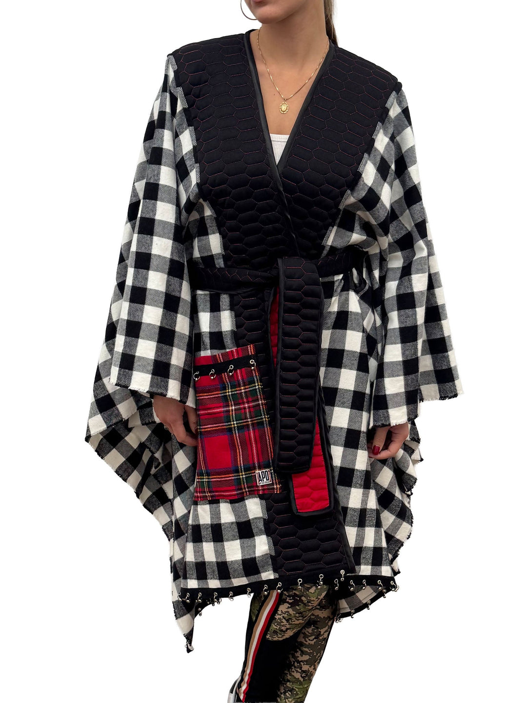 Amy Page DeBlasio Shawls and Kimonos Reversible Belted Kimono Wrap in Honeycomb Quilt and Check Flannel