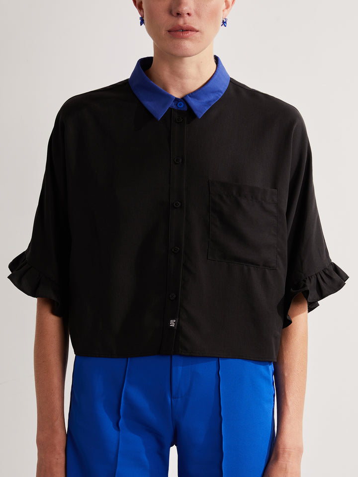 Ruffle Button-Down Shirt in Black Tencel