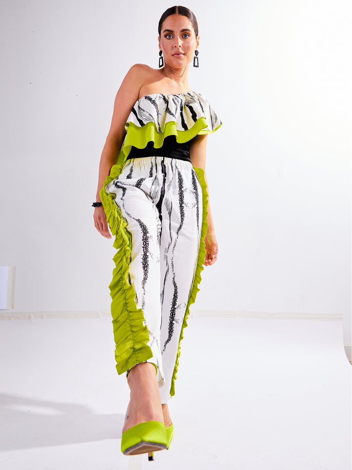 Ruffle Bodysuit in Custom Print and Cyber Lime Cotton