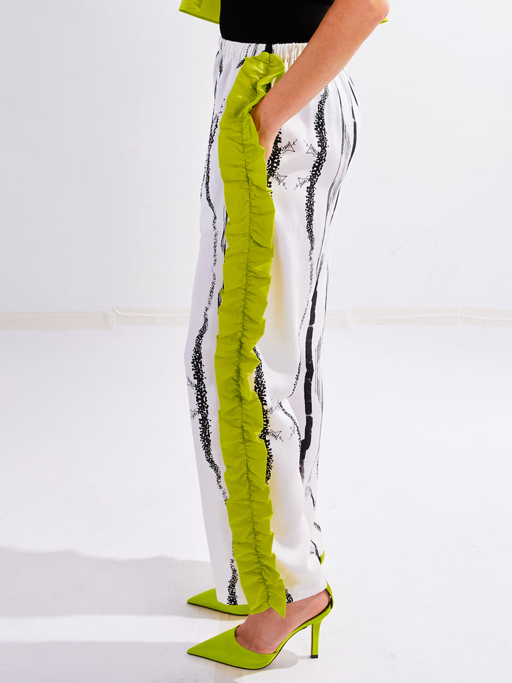 Ruffle Pants in Custom Print and Cyber Lime Tencel
